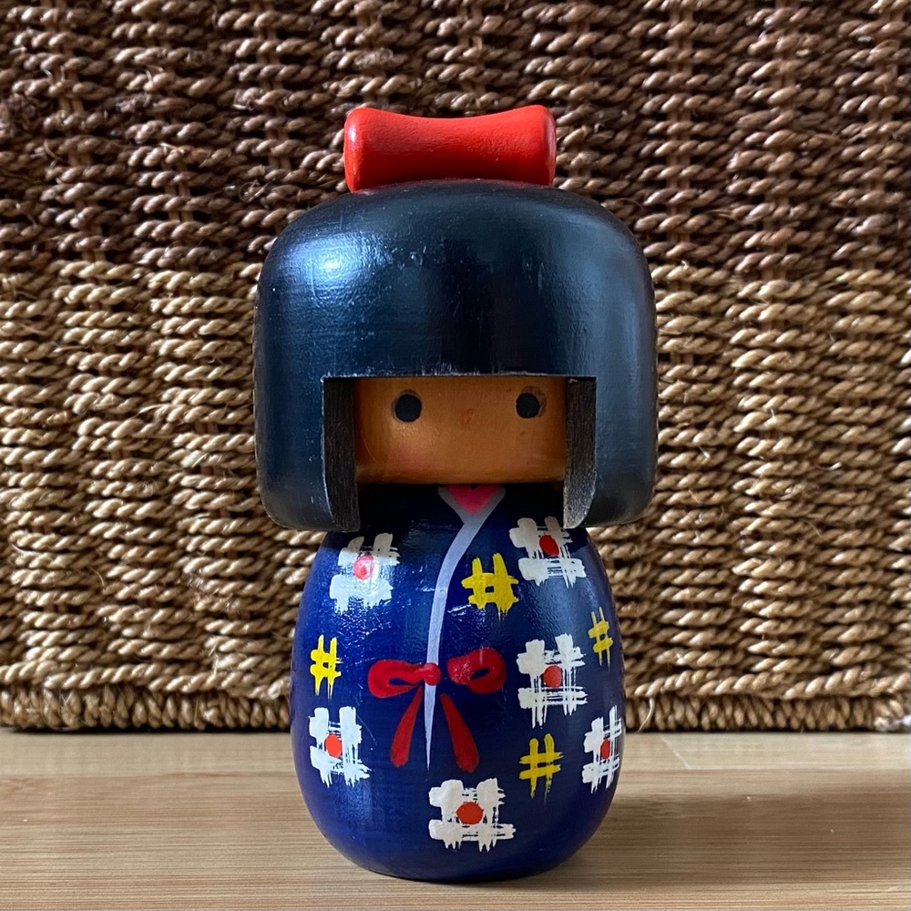 Vintage Japanese Kokeshi Doll – Blue Kimono with Red Bow – Handcrafted in Japan